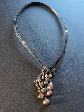 Multi-Strand Leather Lariat with Dark Pearl/stone Cluster